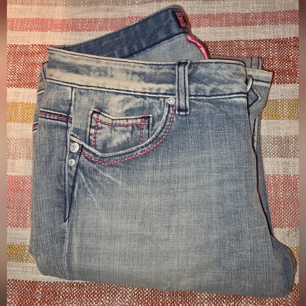 Express Blue and Pink Skinny Jeans with Vintage Distressing